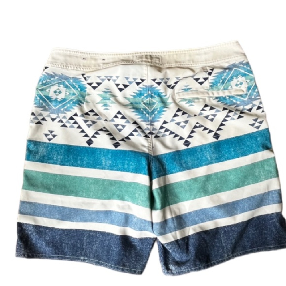 American Eagle Board Shorts Mens M Beach Swim Trunks Blue Green Stripe Geometric